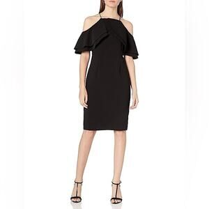 Eliza J Black Double Ruffle Cold Shoulder Tailored Cocktail Dress NWOT 4